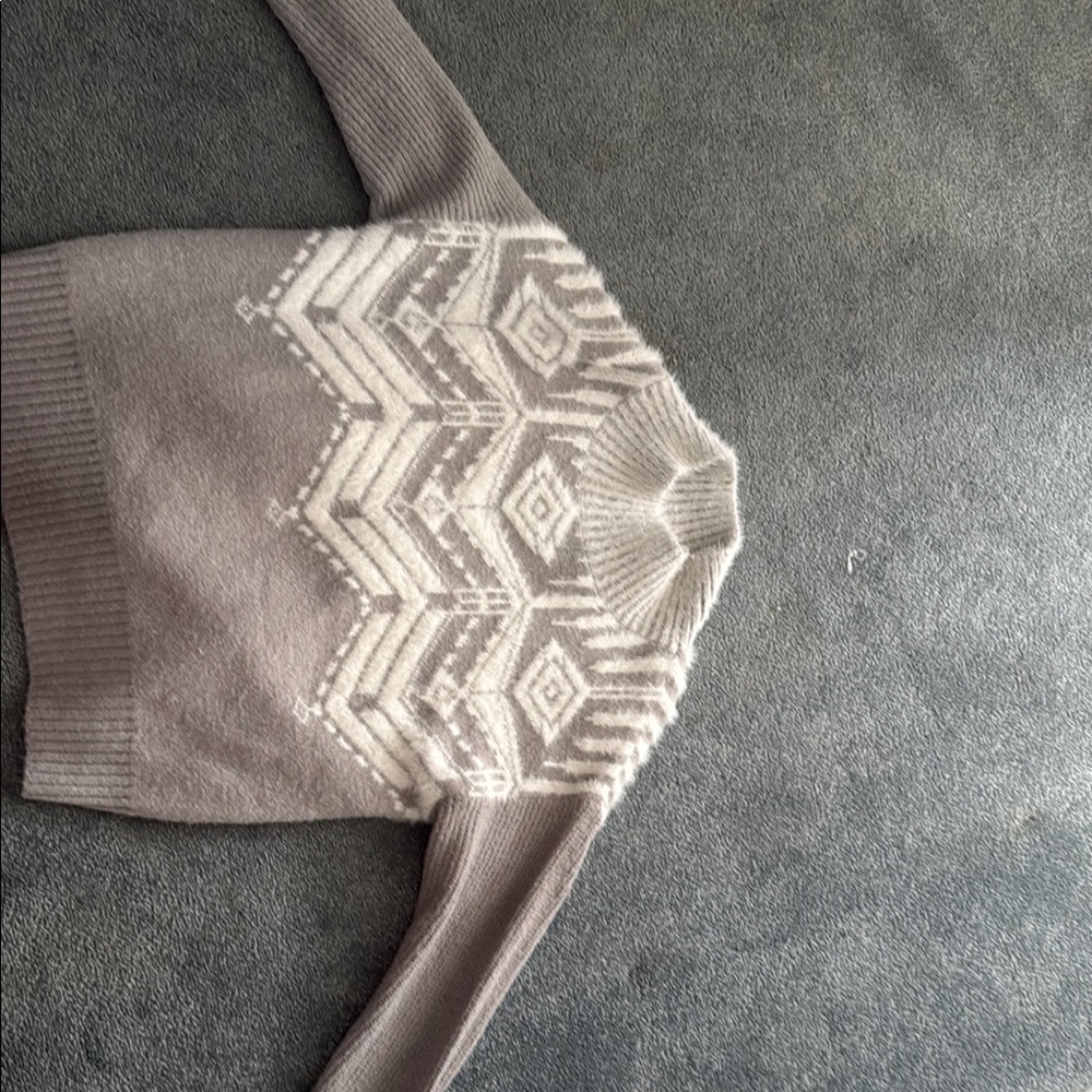 Gray and White Cowl Neck Sweater with Intricate Patterns